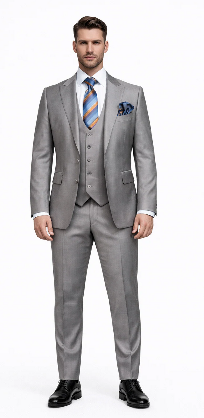 Men’s Gray Slim Fit 3-Piece Suit by Rossiman - With Vest & Tailored Trousers - Italian-Inspired Modern Elegance - USA Men's Outlet