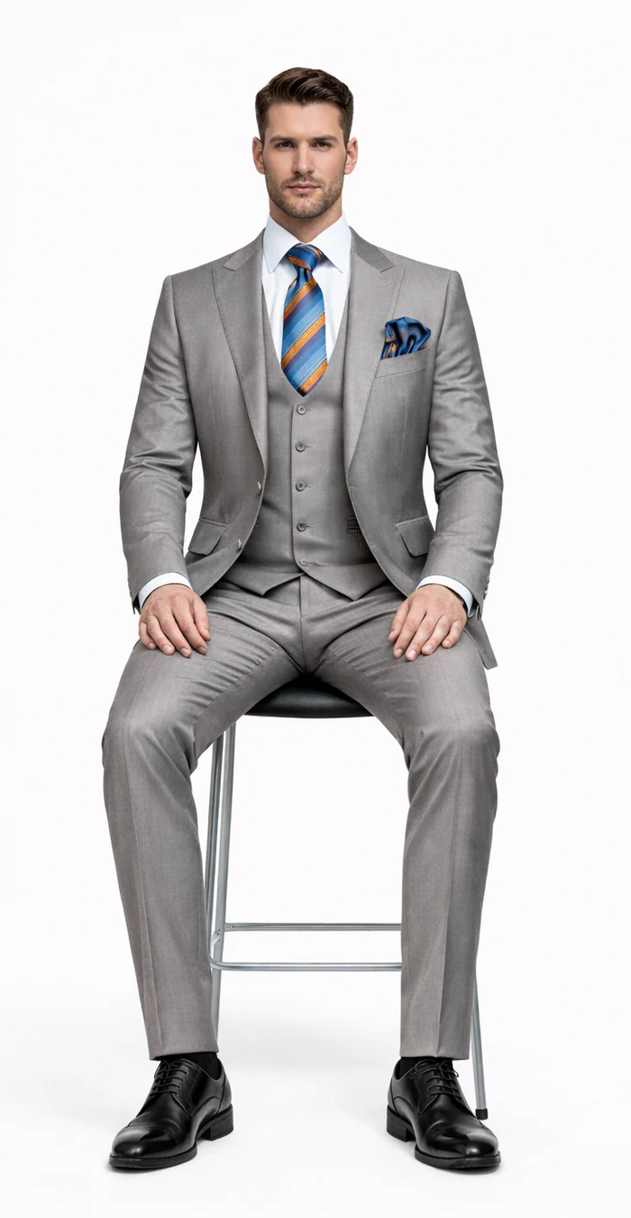 Men’s Gray Slim Fit 3-Piece Suit by Rossiman - With Vest & Tailored Trousers - Italian-Inspired Modern Elegance - USA Men's Outlet