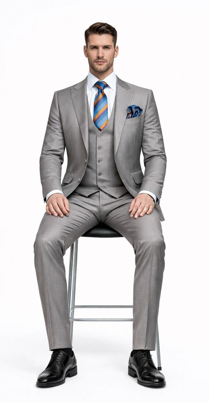Men’s Gray Slim Fit 3-Piece Suit by Rossiman - With Vest & Tailored Trousers - Italian-Inspired Modern Elegance - USA Men's Outlet
