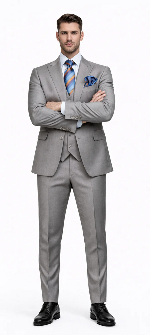 Men’s Gray Slim Fit 3-Piece Suit by Rossiman - With Vest & Tailored Trousers - Italian-Inspired Modern Elegance - USA Men's Outlet