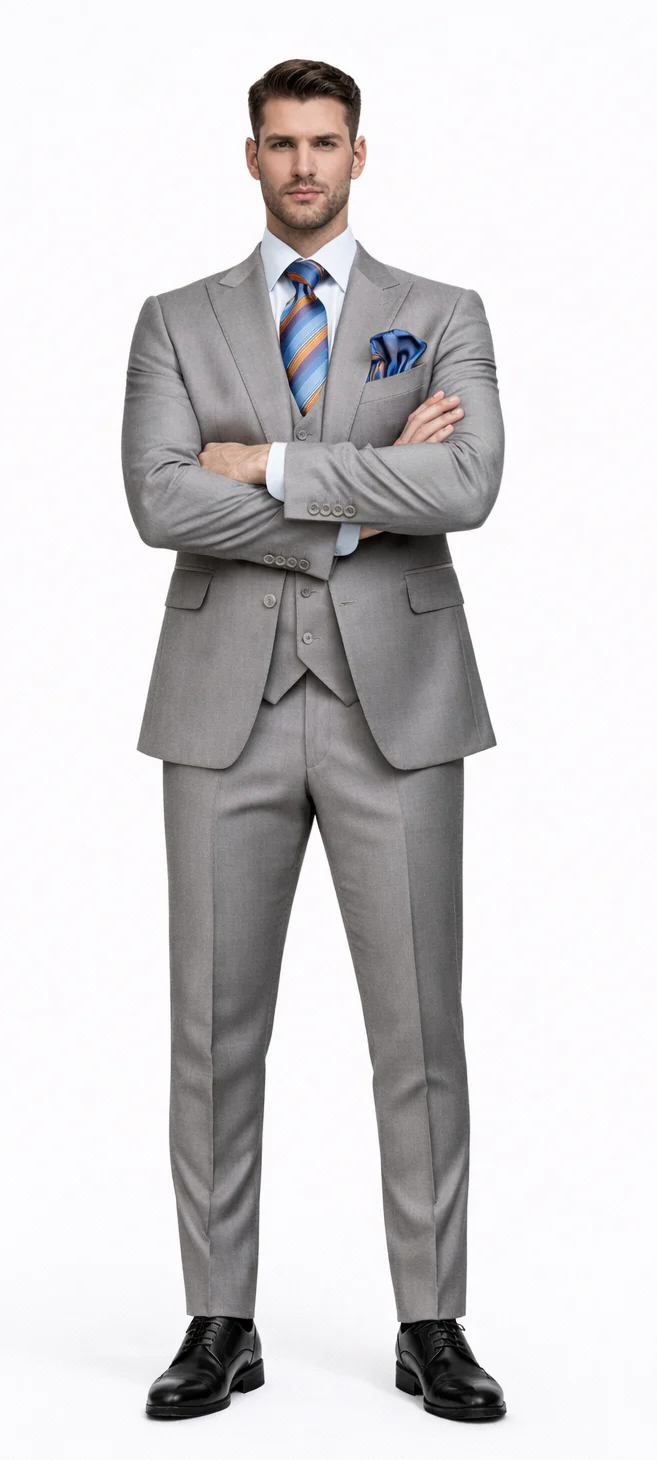 Men’s Gray Slim Fit 3-Piece Suit by Rossiman - With Vest & Tailored Trousers - Italian-Inspired Modern Elegance - USA Men's Outlet