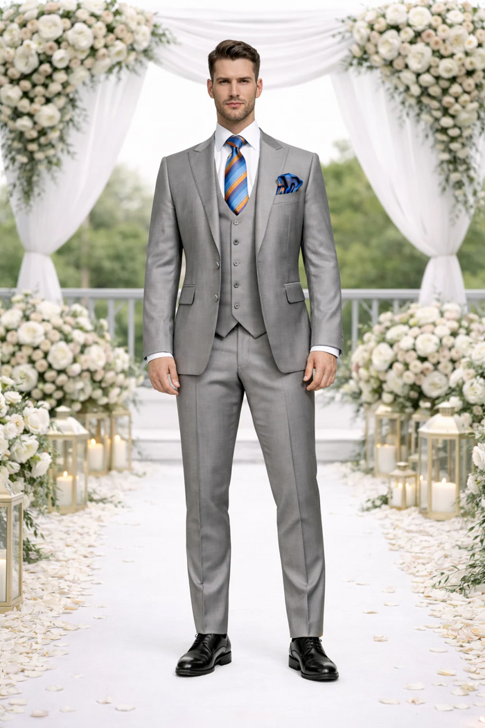 Men’s Gray Slim Fit 3-Piece Suit by Rossiman - With Vest & Tailored Trousers - Italian-Inspired Modern Elegance - USA Men's Outlet