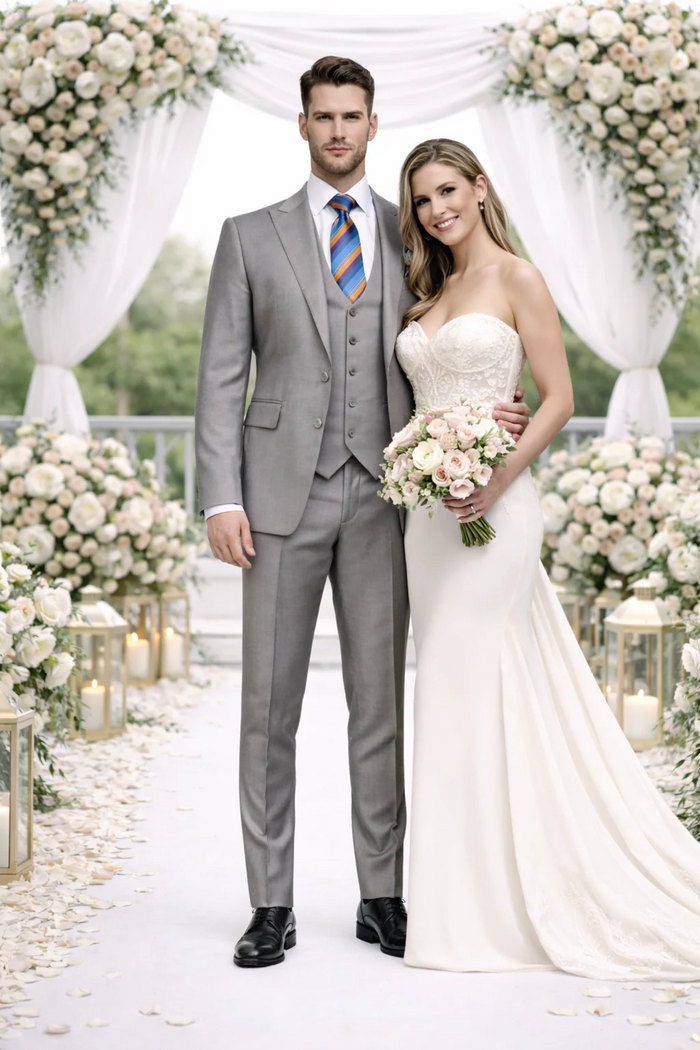 Men’s Gray Slim Fit 3-Piece Suit by Rossiman - With Vest & Tailored Trousers - Italian-Inspired Modern Elegance - USA Men's Outlet