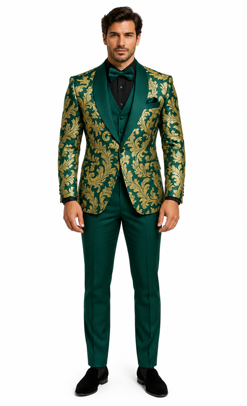 Mens Green and Gold Embroidered Tuxedo - 3-Piece Prom Suit by USA Men's Outlet