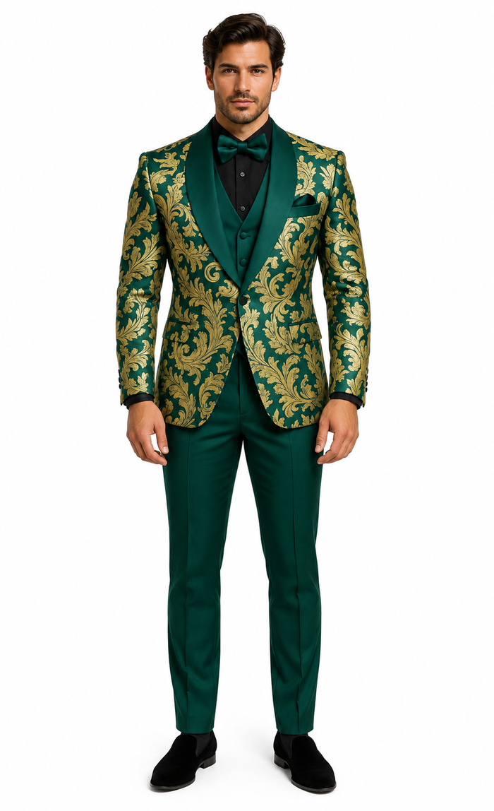 Mens Green and Gold Embroidered Tuxedo - 3-Piece Prom Suit by USA Men's Outlet