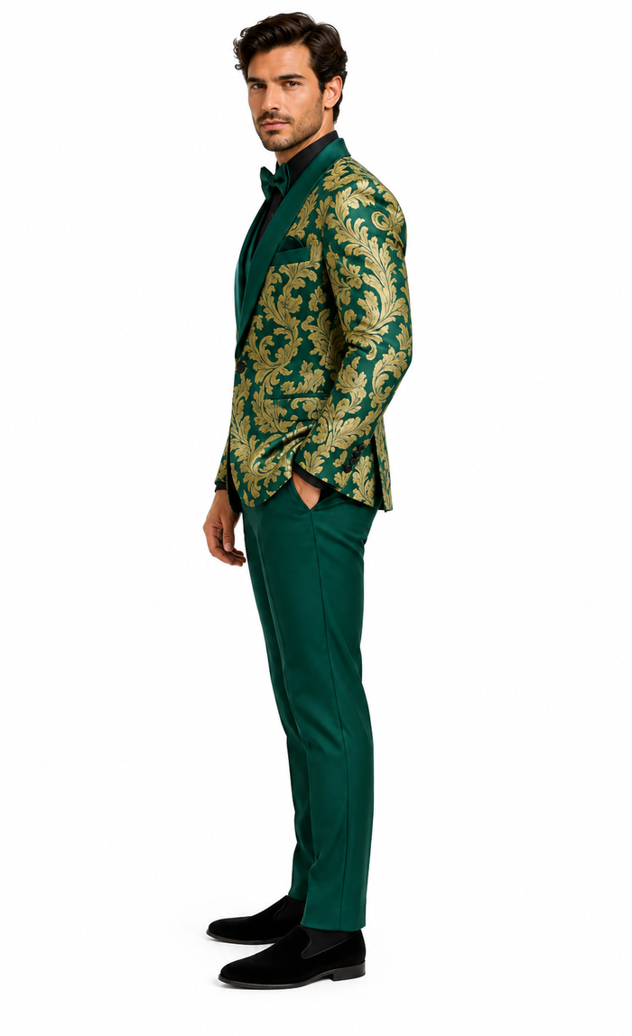 Mens Green and Gold Embroidered Tuxedo - 3-Piece Prom Suit by USA Men's Outlet