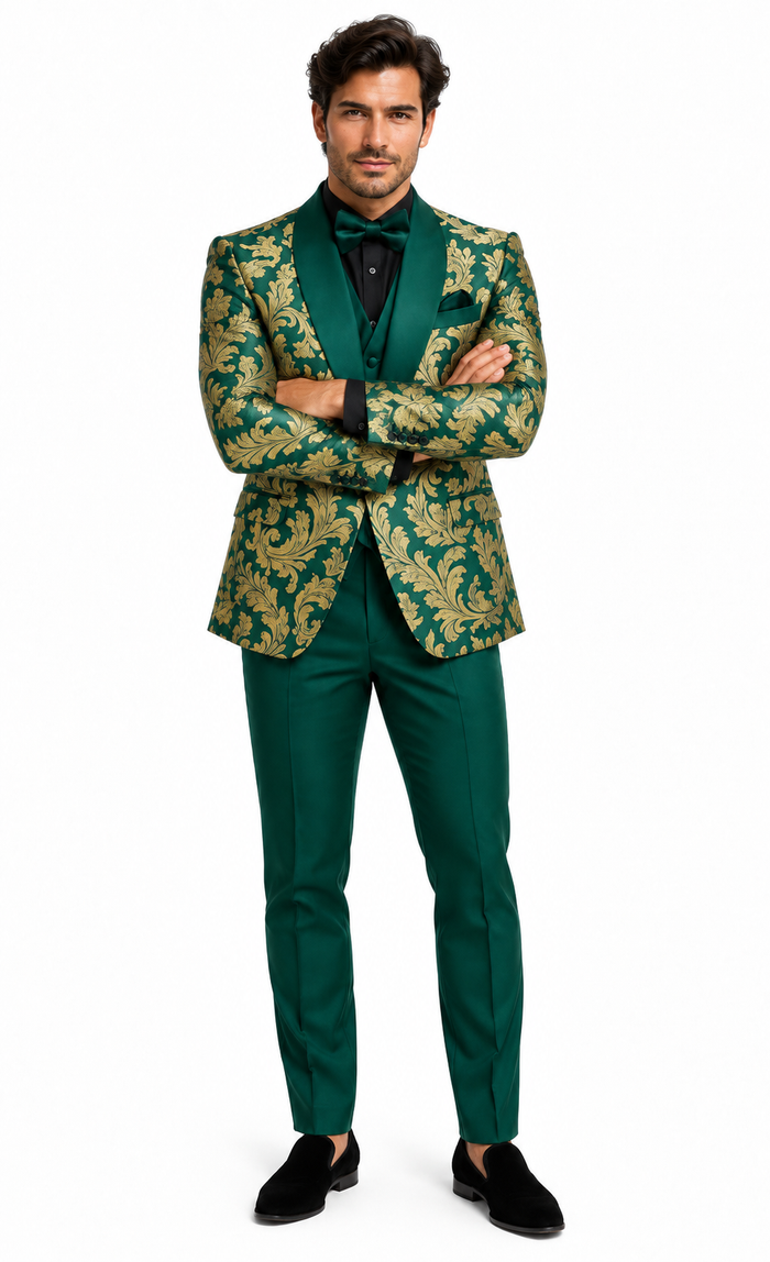 Mens Green and Gold Embroidered Tuxedo - 3-Piece Prom Suit by USA Men's Outlet