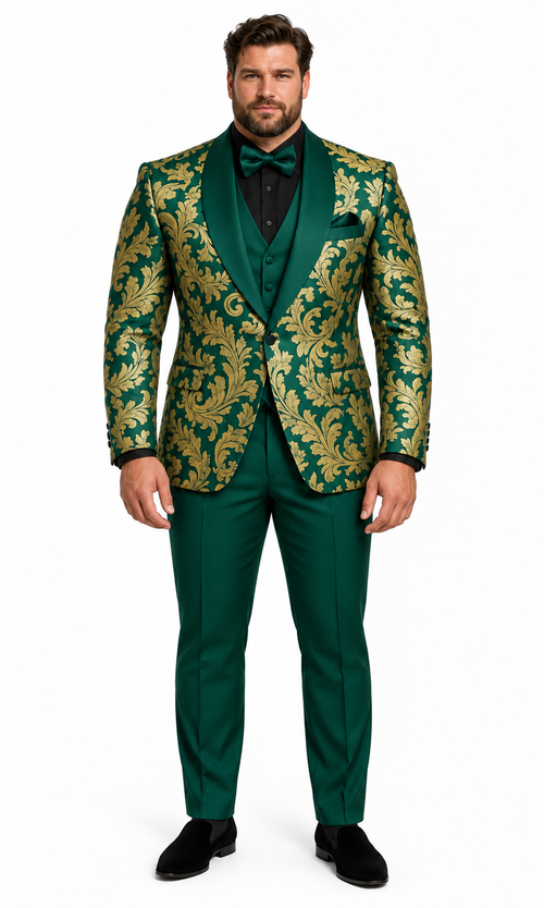 Mens Green and Gold Embroidered Tuxedo - 3-Piece Prom Suit by USA Men's Outlet