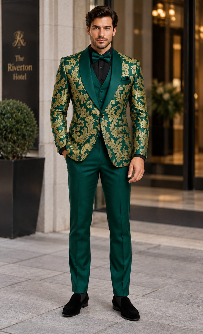 Mens Green and Gold Embroidered Tuxedo - 3-Piece Prom Suit by USA Men's Outlet