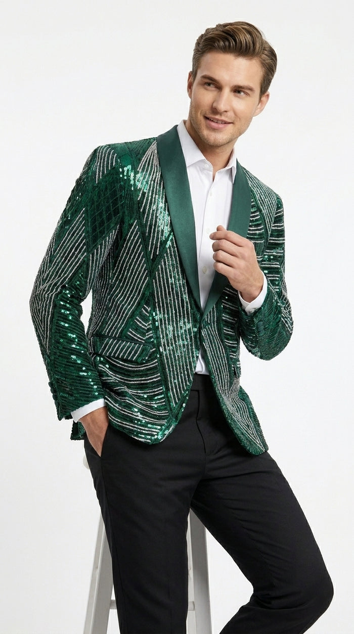 Mens Green Sequin Christmas Holiday Blazer – Luxury Party Jacket for New Year, Wedding and Festive Events New Year Jacket