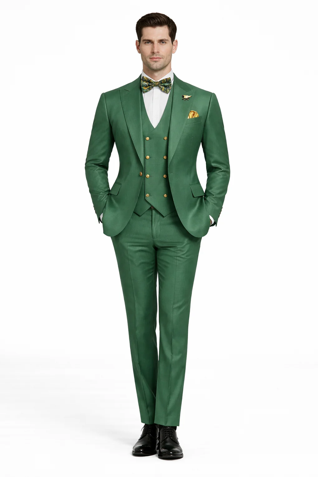 Men’s Green Slim Fit Suit by Rossiman - Stylish Double-Breasted Vest & Flat Front Pants - Italian Tailored 3-Piece Luxury Suit USA Men's Outlet