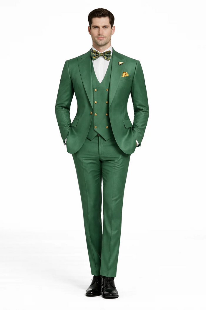 Men’s Green Slim Fit Suit by Rossiman - Stylish Double-Breasted Vest & Flat Front Pants - Italian Tailored 3-Piece Luxury Suit USA Men's Outlet