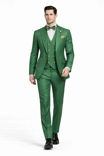 Men’s Green Slim Fit Suit by Rossiman - Stylish Double-Breasted Vest & Flat Front Pants - Italian Tailored 3-Piece Luxury Suit USA Men's Outlet
