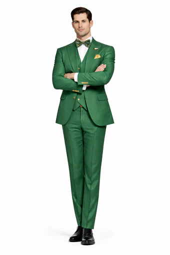 Men’s Green Slim Fit Suit by Rossiman - Stylish Double-Breasted Vest & Flat Front Pants - Italian Tailored 3-Piece Luxury Suit USA Men's Outlet