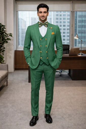 Men’s Green Slim Fit Suit by Rossiman - Stylish Double-Breasted Vest & Flat Front Pants - Italian Tailored 3-Piece Luxury Suit USA Men's Outlet