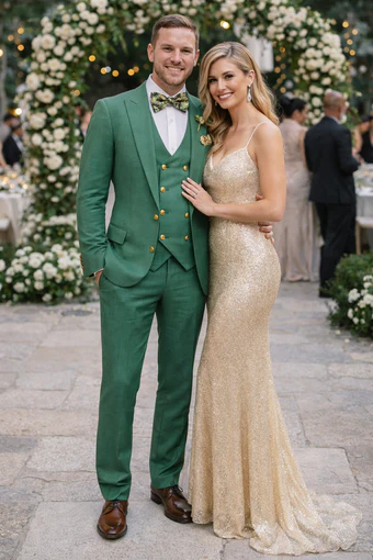 Men’s Green Slim Fit Suit by Rossiman - Stylish Double-Breasted Vest & Flat Front Pants - Italian Tailored 3-Piece Luxury Suit USA Men's Outlet
