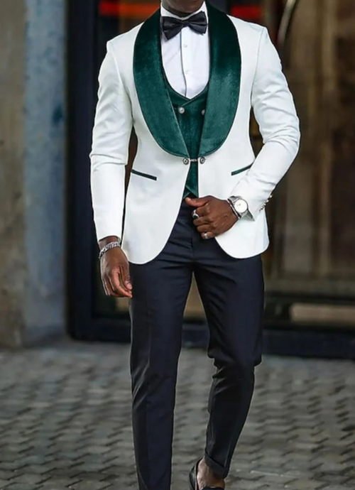 Mens Green & White Tuxedo with Black Pants – Velvet Shawl Lapel 3-Piece Wedding Suit