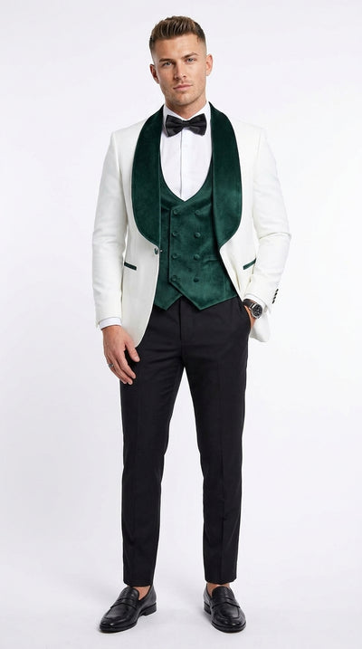 Mens Green & White Tuxedo with Black Pants – Velvet Shawl Lapel 3-Piece Wedding Suit