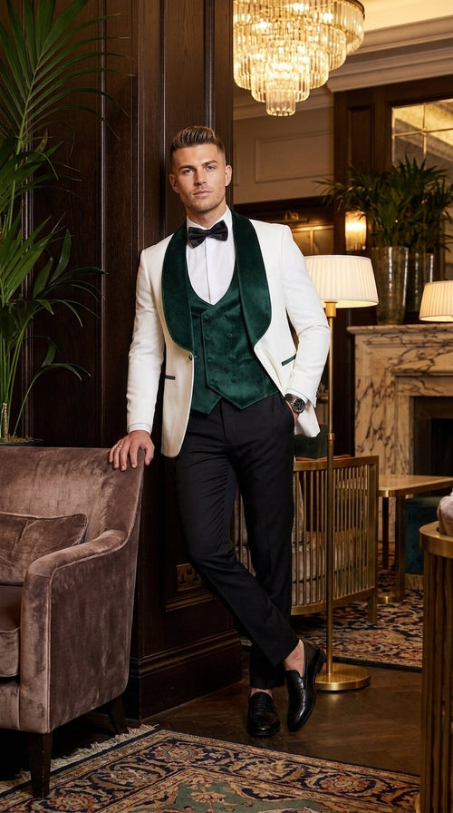 Mens Green & White Tuxedo with Black Pants – Velvet Shawl Lapel 3-Piece Wedding Suit