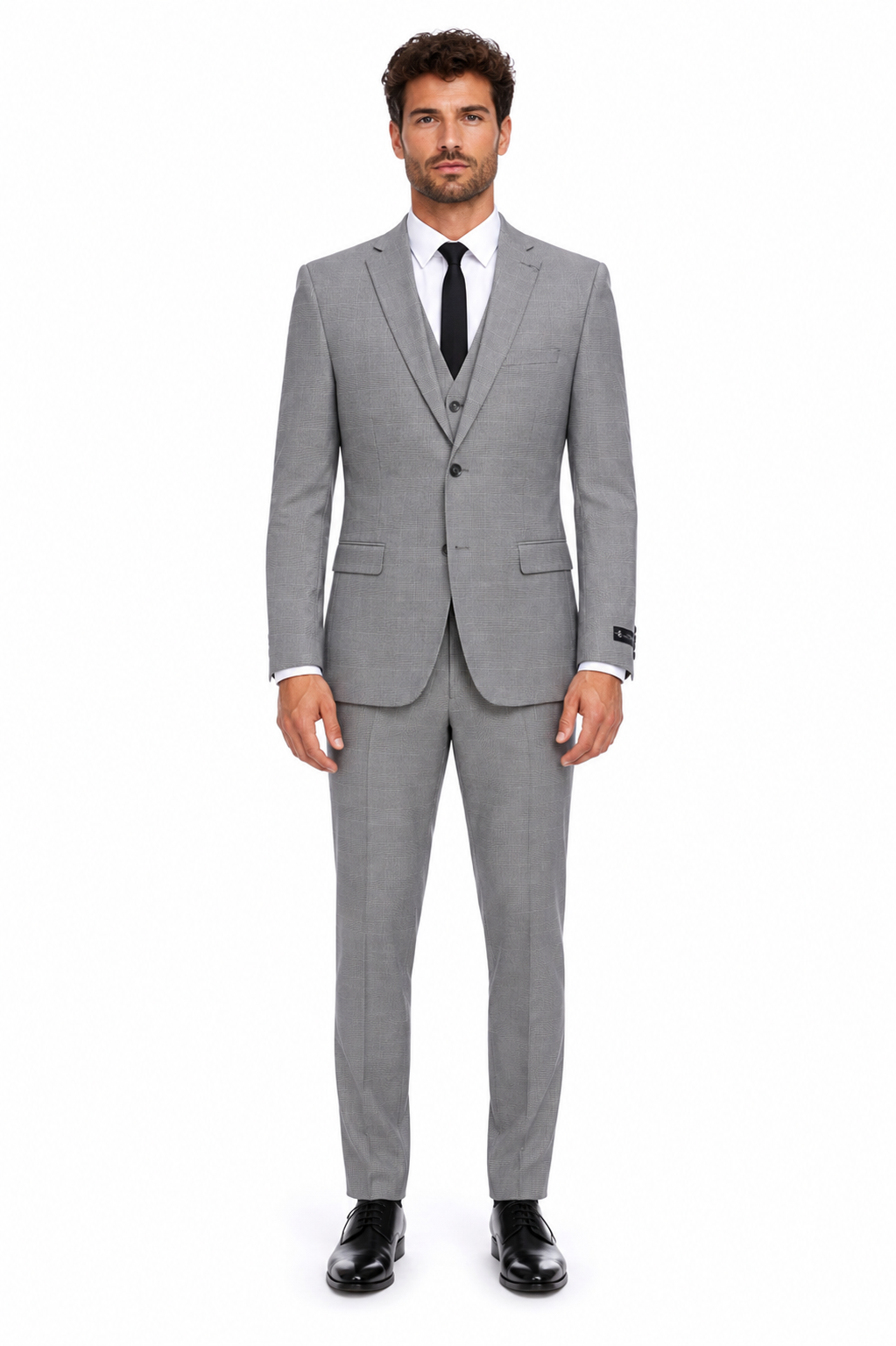 Men’s Grey Plaid 3-Piece Tailored Fit Suit with Vest