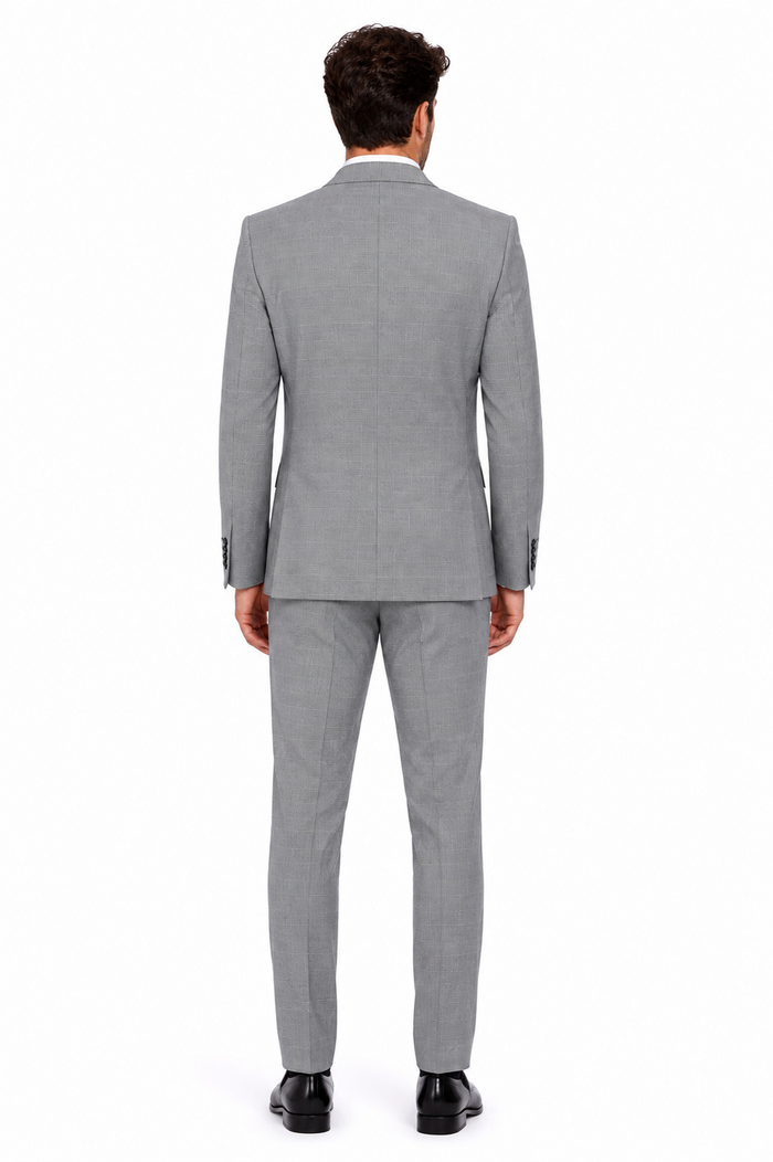 Men’s Grey Plaid 3-Piece Tailored Fit Suit with Vest