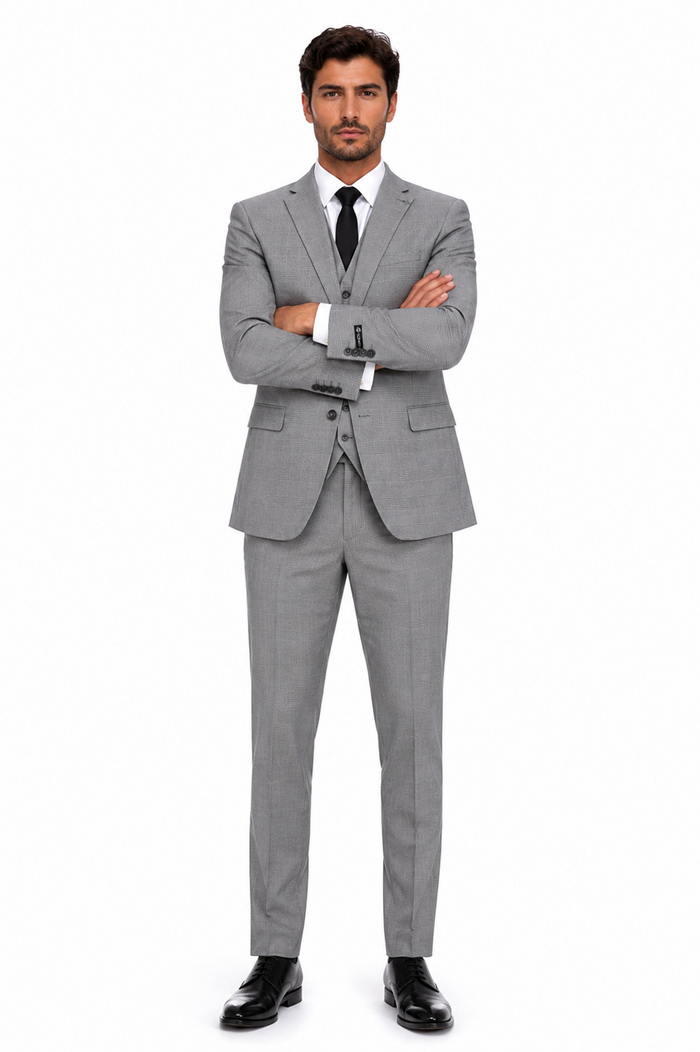 Men’s Grey Plaid 3-Piece Tailored Fit Suit with Vest