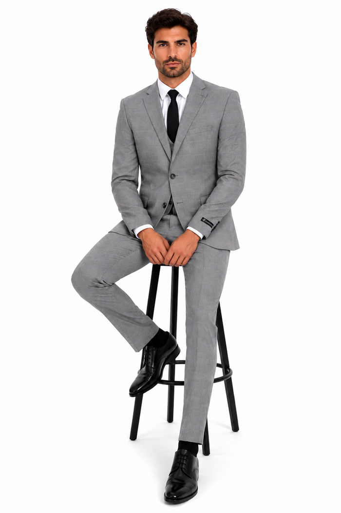 Men’s Grey Plaid 3-Piece Tailored Fit Suit with Vest