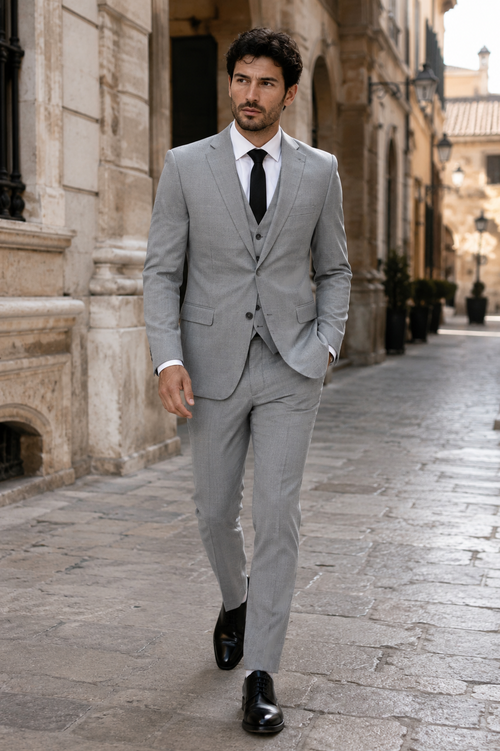 Men’s Grey Plaid 3-Piece Tailored Fit Suit with Vest