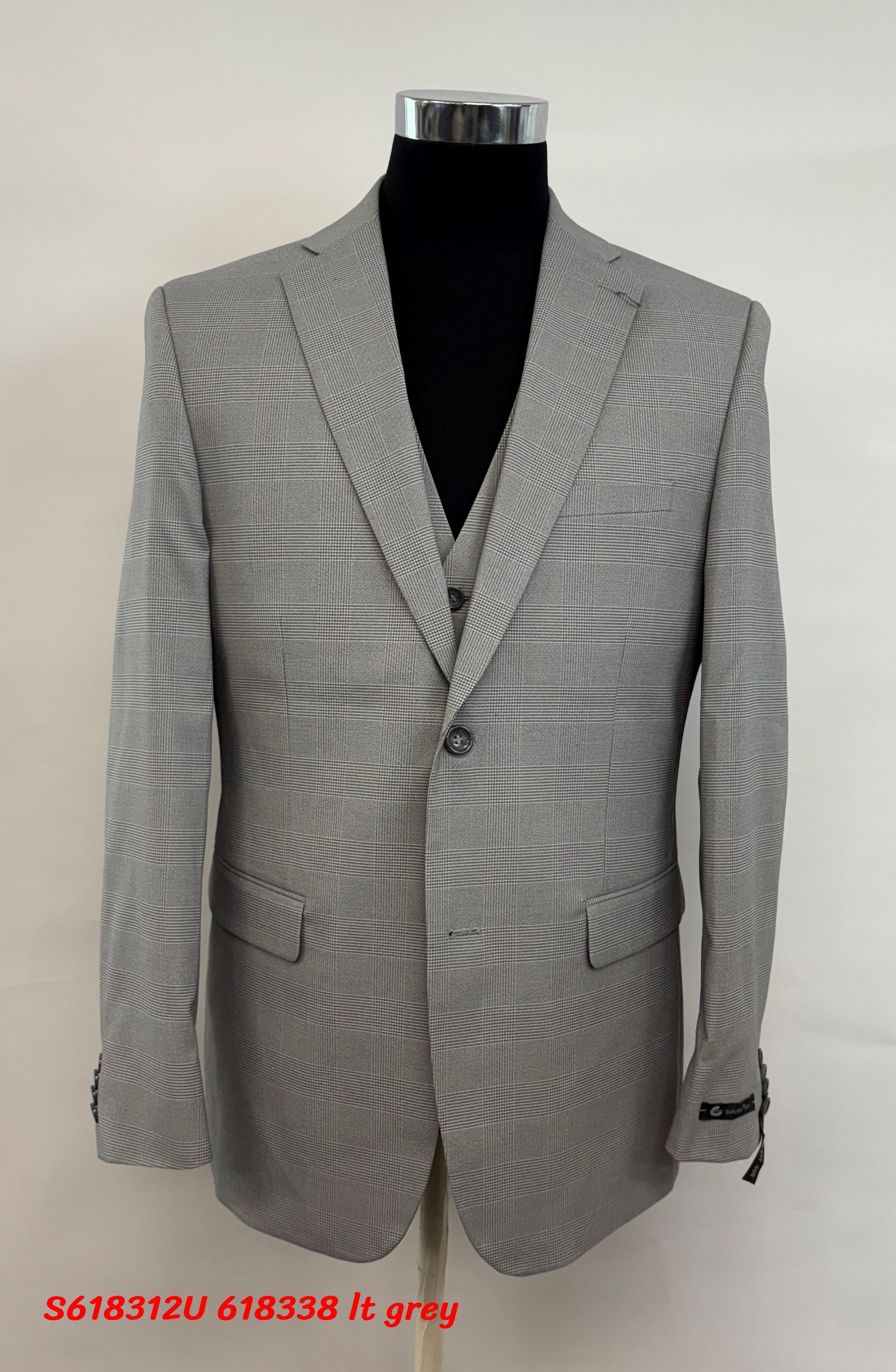 Men’s Grey Plaid 3-Piece Tailored Fit Suit with Vest
