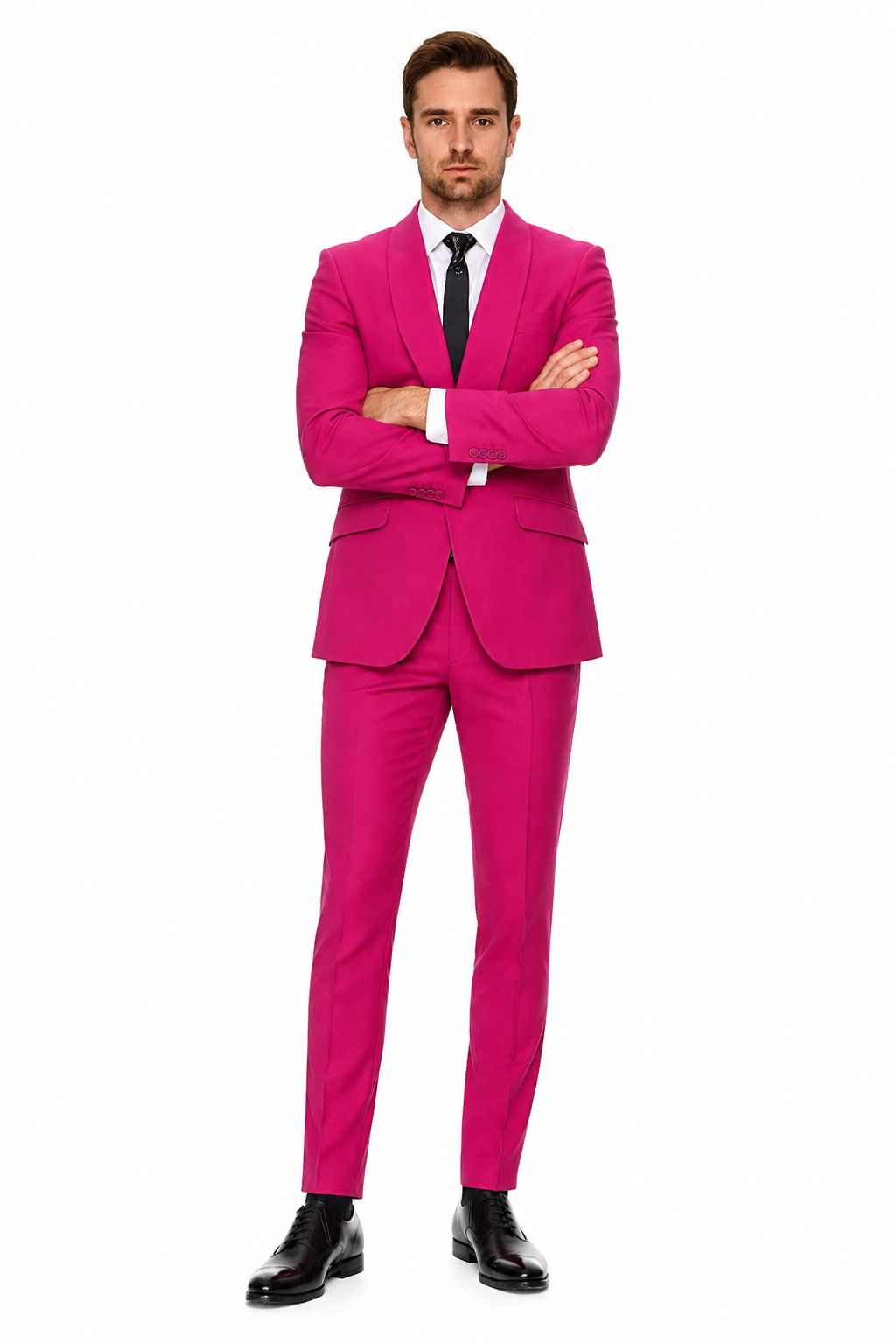 Mens Hot Pink Tuxedo Dinner Jacket + Pants with Shawl Lapel - Slim Fit 2-Piece Suit for Weddings, Proms Suit in Fuchsia Color USA Men's Outlet