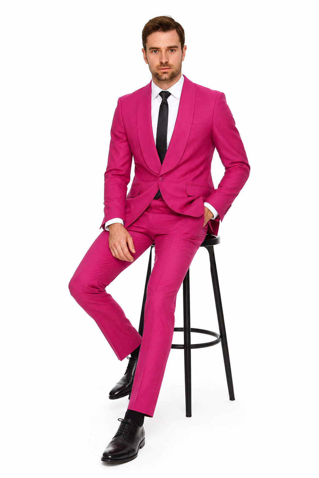 Mens Hot Pink Tuxedo Dinner Jacket + Pants with Shawl Lapel - Slim Fit 2-Piece Suit for Weddings, Proms Suit in Fuchsia Color USA Men's Outlet
