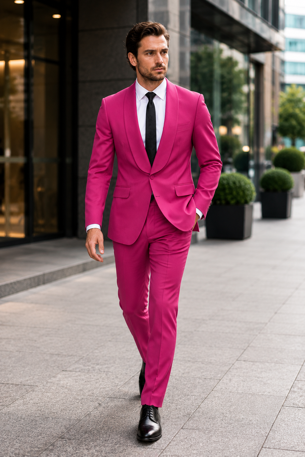 Mens Hot Pink Tuxedo Dinner Jacket + Pants with Shawl Lapel - Slim Fit 2-Piece Suit for Weddings, Proms Suit in Fuchsia Color USA Men's Outlet