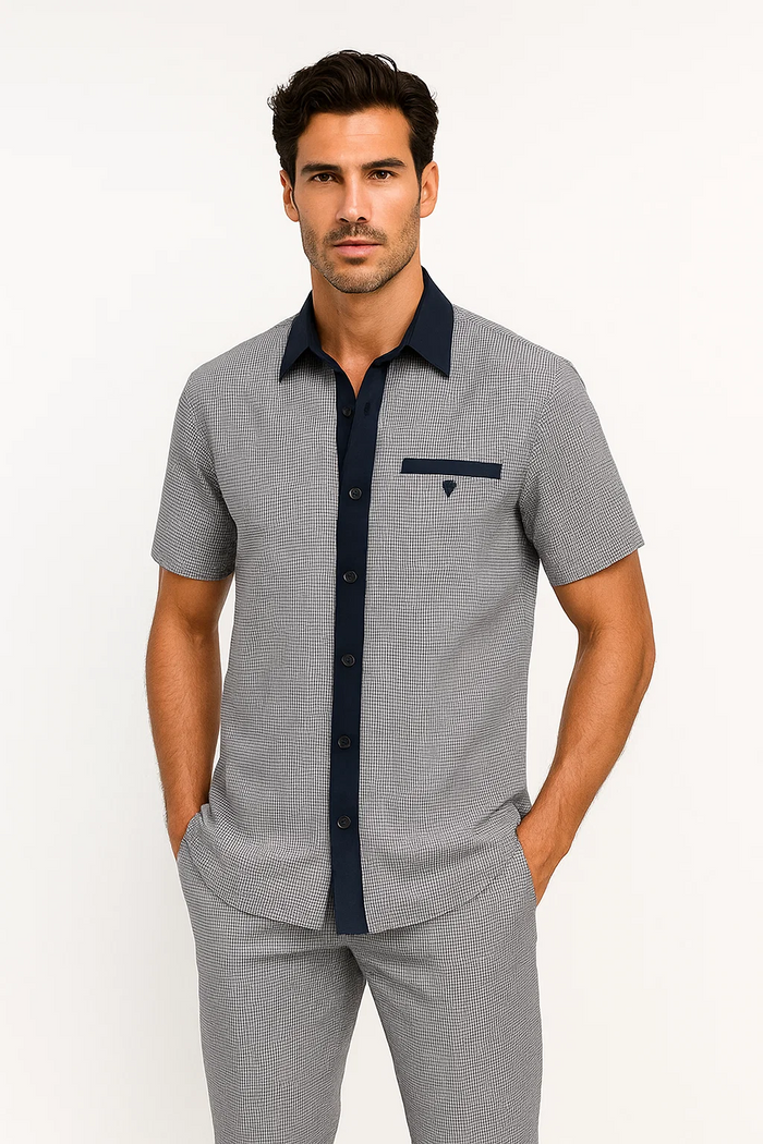 Mens Textured Plaid Walking Suit in black/white by Dreams by Zacchi - 2 Piece Leisure Outfit with Matching Shirt and Pants - $99