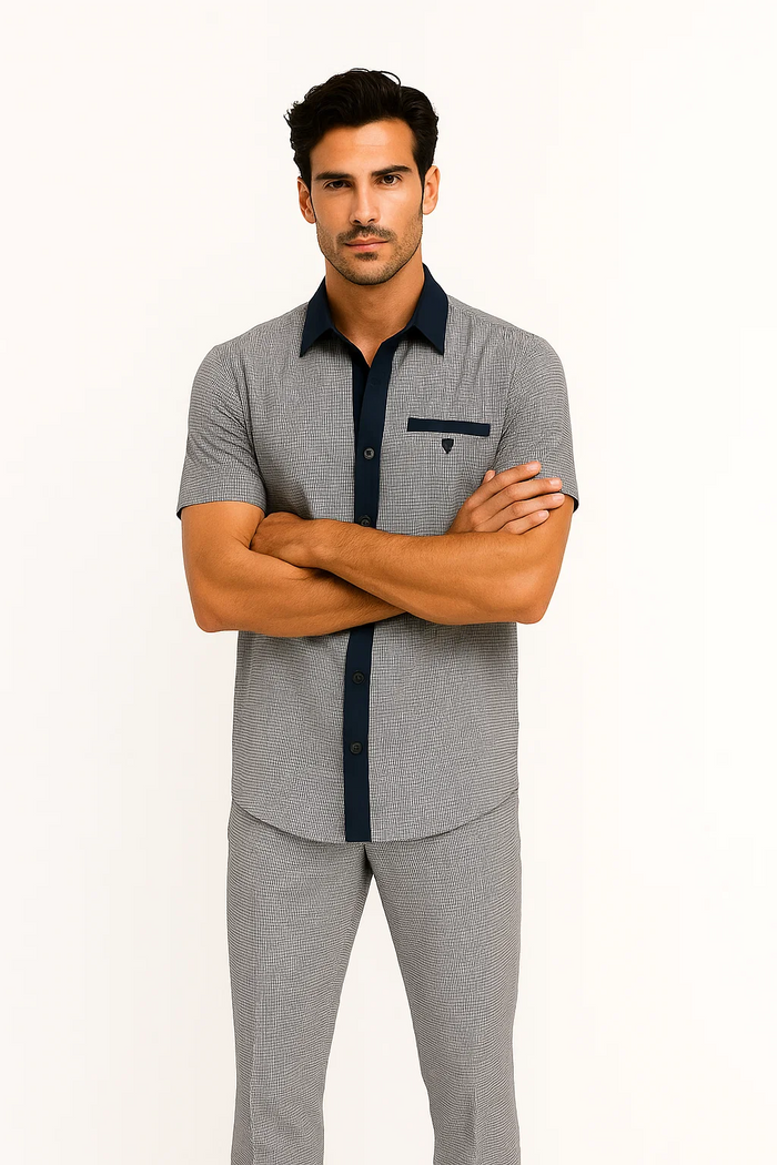 Mens Textured Plaid Walking Suit in black/white by Dreams by Zacchi - 2 Piece Leisure Outfit with Matching Shirt and Pants - $99