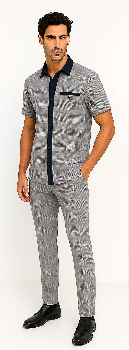 Mens Textured Plaid Walking Suit in black/white by Dreams by Zacchi - 2 Piece Leisure Outfit with Matching Shirt and Pants - $99