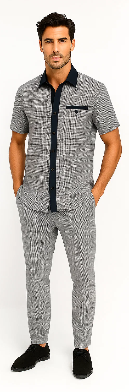 Mens Textured Plaid Walking Suit in black/white by Dreams by Zacchi - 2 Piece Leisure Outfit with Matching Shirt and Pants - $99