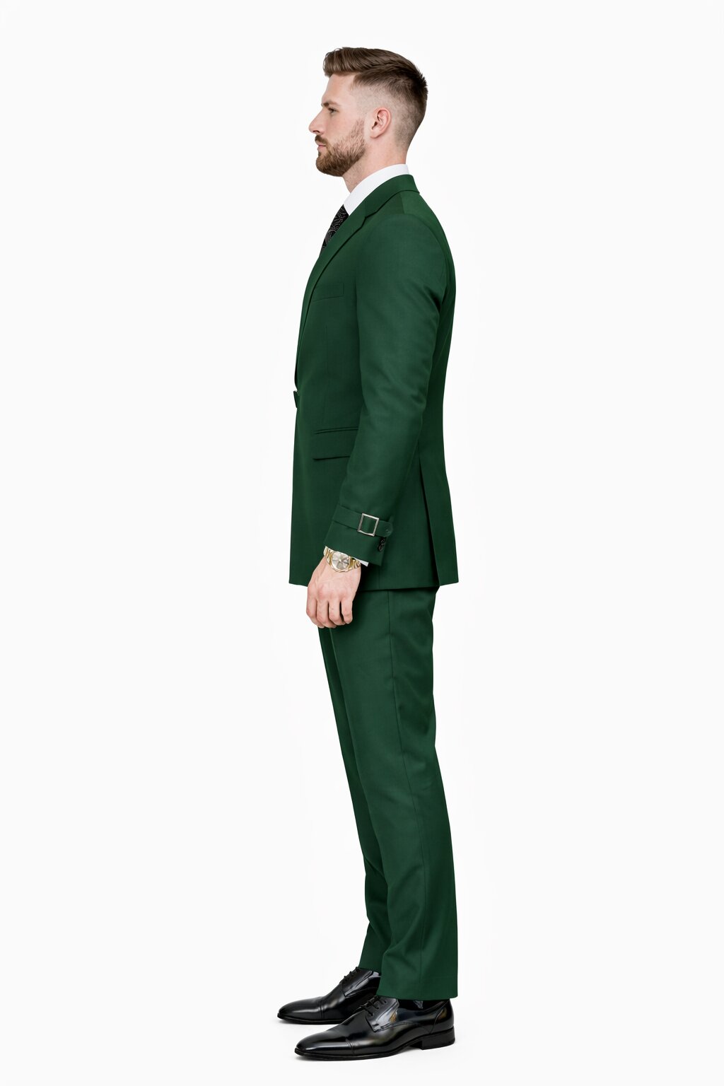 Mens Designer Tailored Fit Hunter Green Double Breasted Wool Suit with Metal Buckle Closure