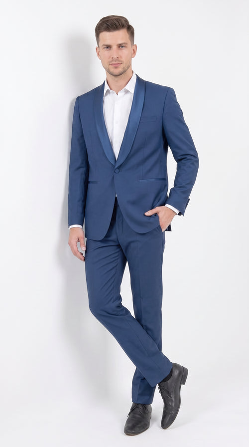 Mens Indigo Cobalt Blue Light Royal Blue Tuxedo Suit – Satin Shawl Lapel Wedding, Prom and Formal 2-Piece Suit