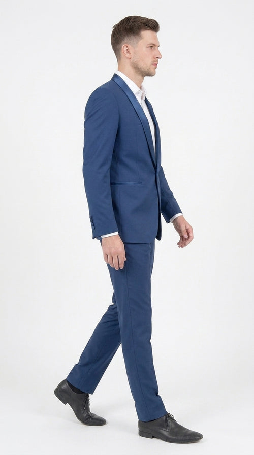Mens Indigo Cobalt Blue Light Royal Blue Tuxedo Suit – Satin Shawl Lapel Wedding, Prom and Formal 2-Piece Suit
