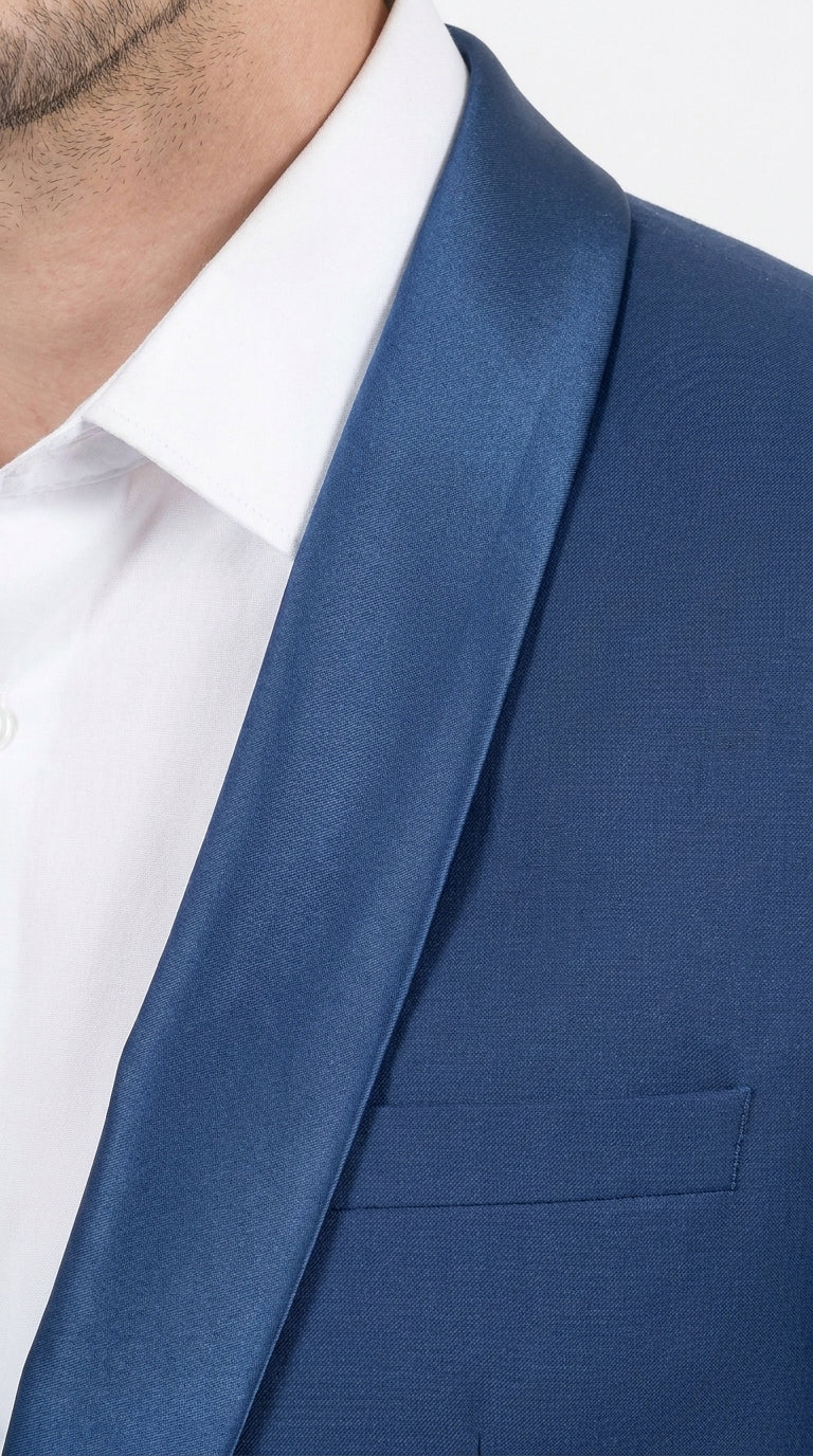 Mens Indigo Cobalt Blue Light Royal Blue Tuxedo Suit – Satin Shawl Lapel Wedding, Prom and Formal 2-Piece Suit