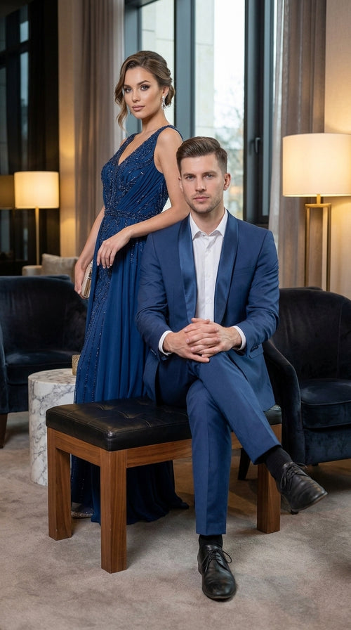 Mens Indigo Cobalt Blue Light Royal Blue Tuxedo Suit – Satin Shawl Lapel Wedding, Prom and Formal 2-Piece Suit