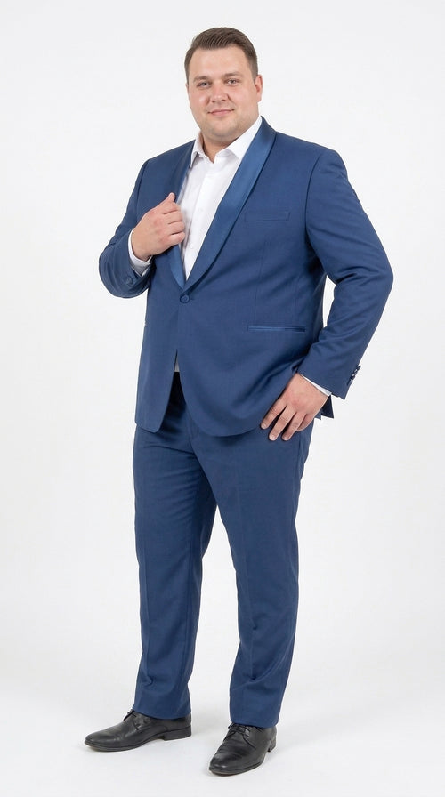 Mens Indigo Cobalt Blue Light Royal Blue Tuxedo Suit – Satin Shawl Lapel Wedding, Prom and Formal 2-Piece Suit
