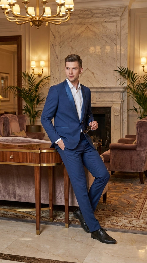 Mens Indigo Cobalt Blue Light Royal Blue Tuxedo Suit – Satin Shawl Lapel Wedding, Prom and Formal 2-Piece Suit