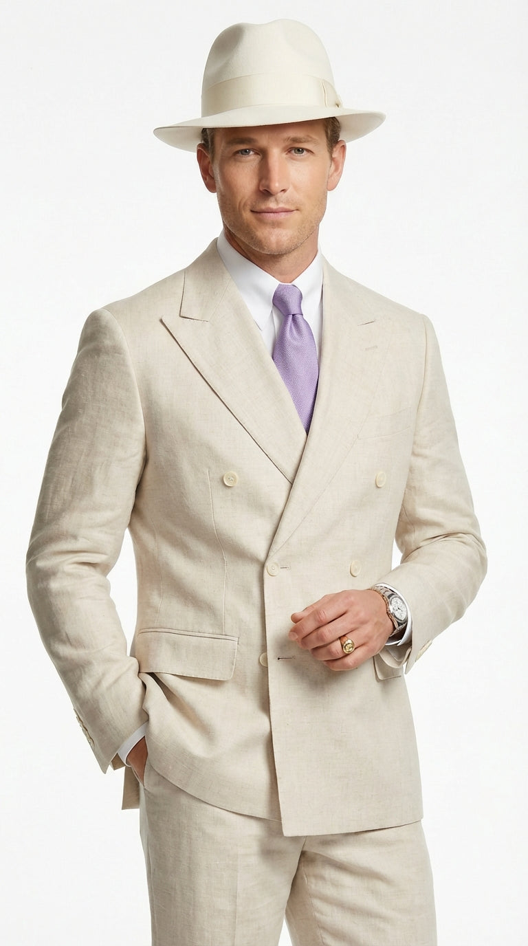 Mens Ivory Off White Double Breasted AI Capone Suit – Classic 1920s Vintage Gangster Style Formal Suit