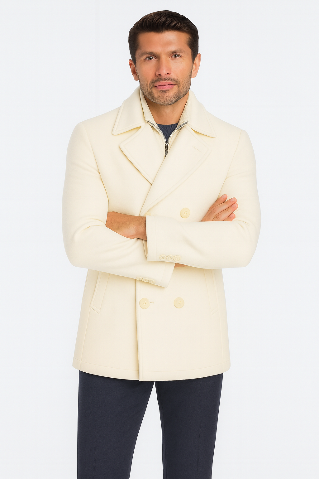 Cream Color Pea Coat - Ivory Double Breasted Wool Coat - Off White Car Coats