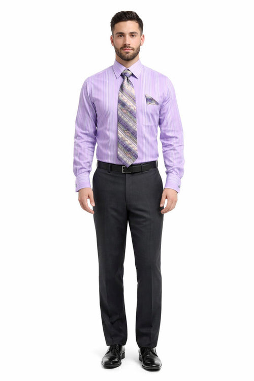 Daniel Ellissa Men's Lavender Tonal Stripe Dress Shirt, Tie & Hanky Set