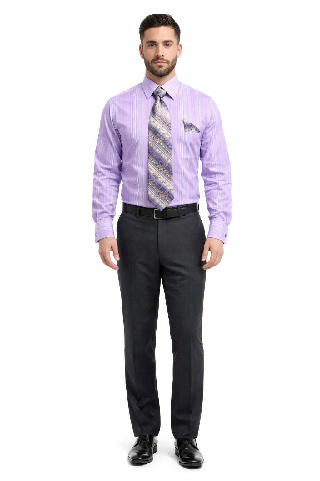 Daniel Ellissa Men's Lavender Tonal Stripe Dress Shirt, Tie & Hanky Set