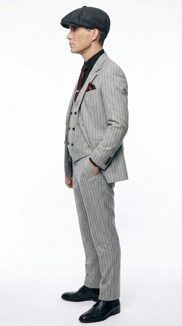 Mens Light Gray and Black Pinstripe 3 Piece Suit – Peaky Blinders Inspired Vintage Gangster 1920s Suit
