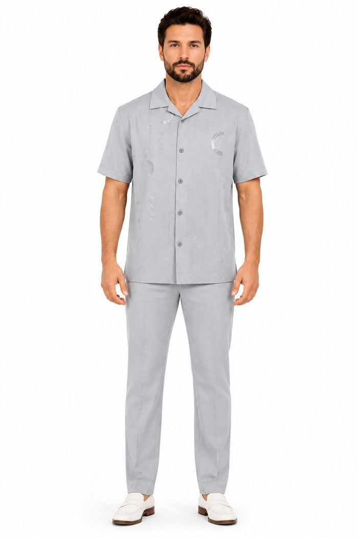 Men’s Light Gray Embroidered Walking Suit Set – 2 Piece Short Sleeve Casual Outfit