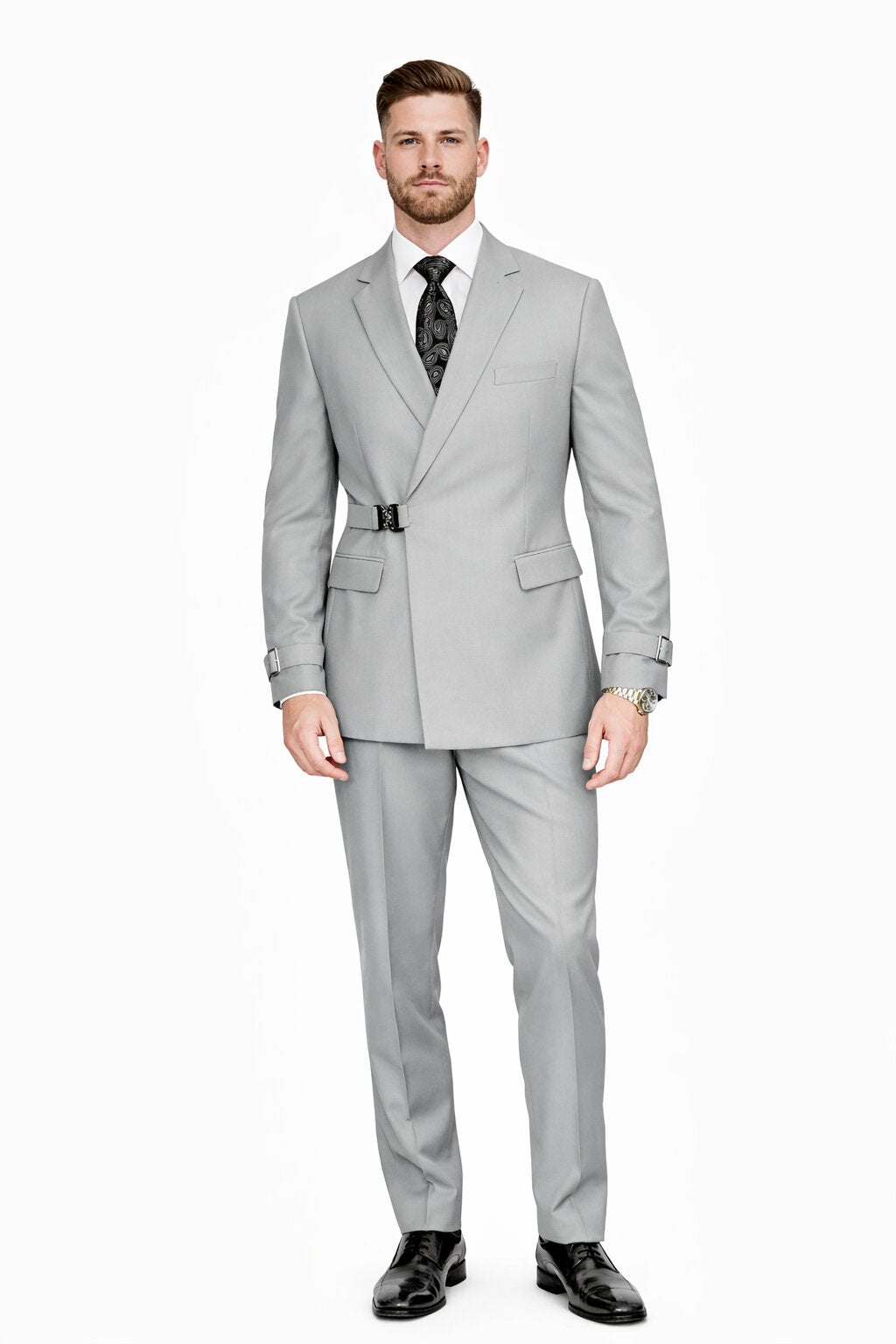 Men’s Light Grey Double Breasted Modern Designer Tailored Fit Wool Suit with Metal Buckle Closure – SuitUSA